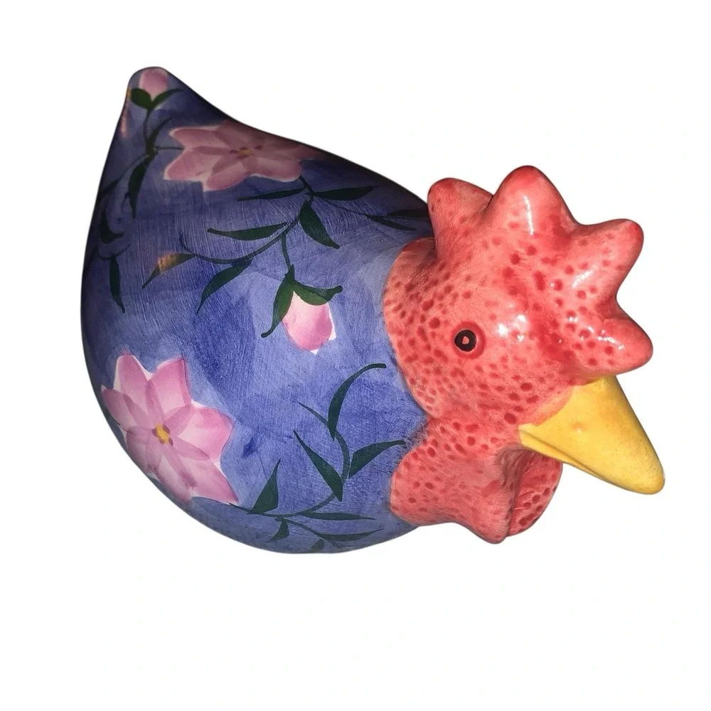 Whimsical Farmhouse Ceramic Chicken Blue And Pink Decor 7.5 In